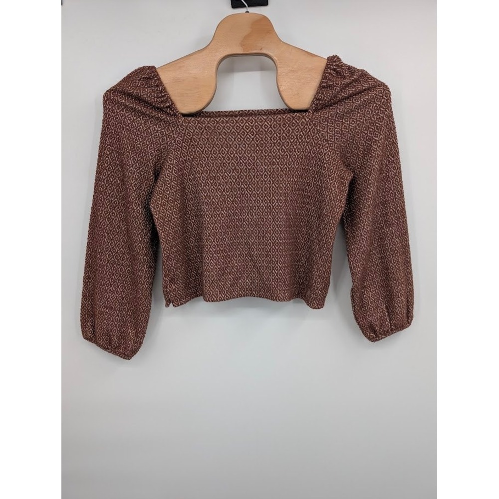 Madewell Jazquard Puff Sleeve Crop Top Brown Geometric Knit Women's sz Med